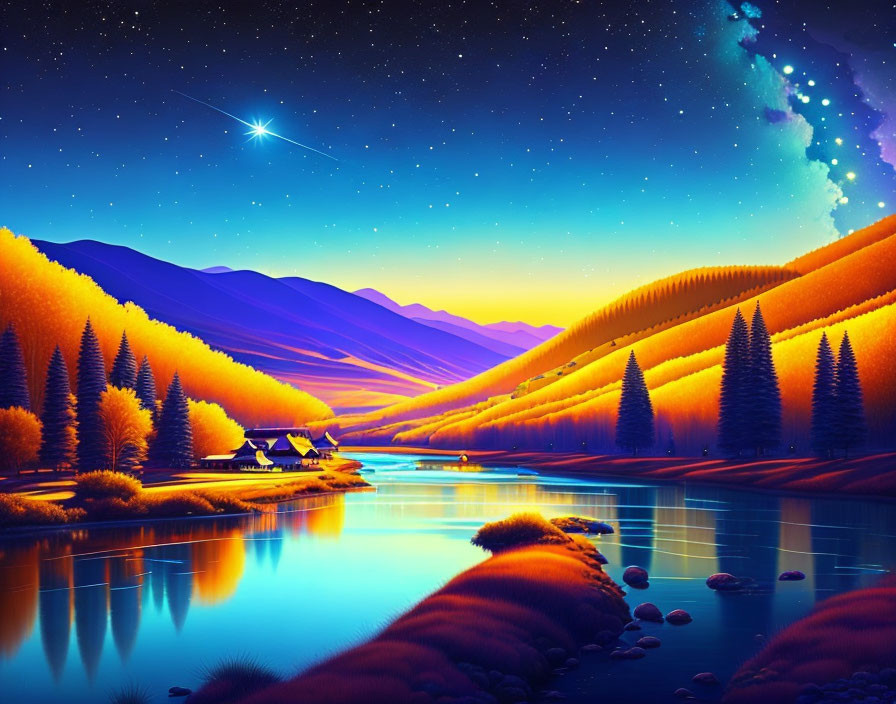 Digital artwork: Starry night over autumn landscape with river, cabin, & pine trees