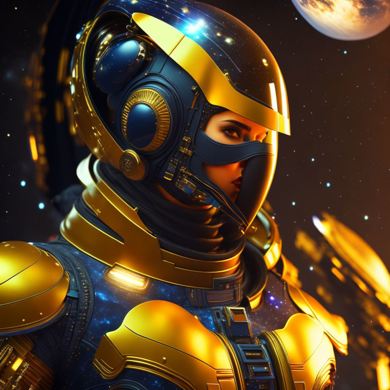 Detailed Golden Astronaut Suit in Futuristic Space Scene