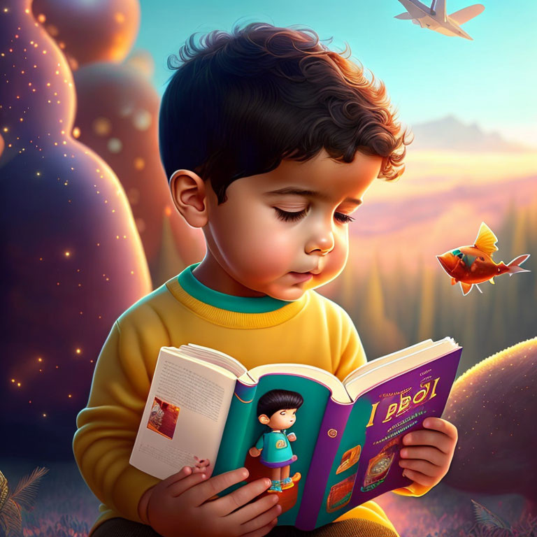 Young child reading colorful book with magical elements in warm light