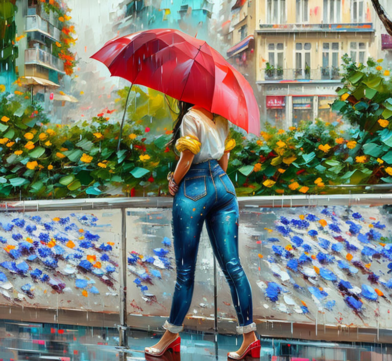 Person with red umbrella in vibrant rain-soaked cityscape surrounded by colorful blooms