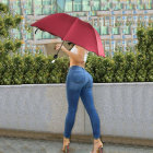 Woman with red umbrella on wet surface in floral shirt and red heels