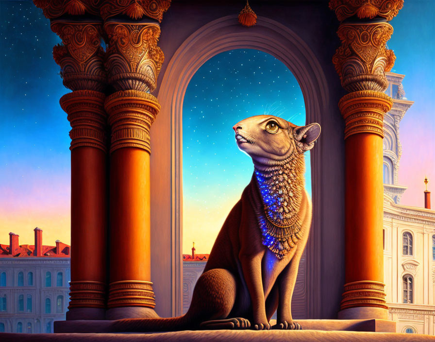 Majestic cat with pharaoh necklace in ornate archway at twilight