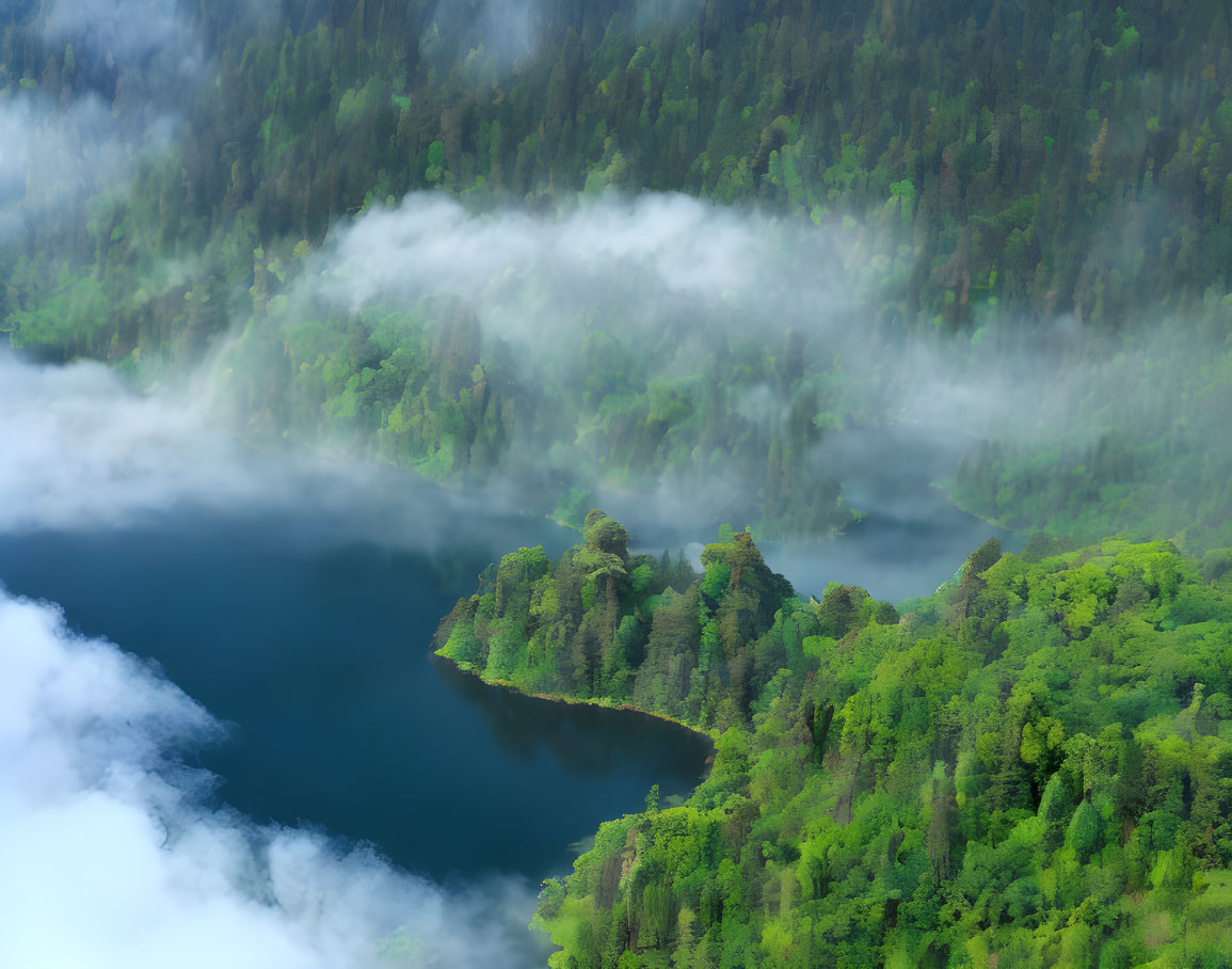 Tranquil lake in lush green forest with mist and blue sky