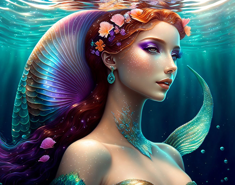 Mermaid digital art: red-haired, blue fin, underwater makeup, floral jewelry, deep sea backdrop