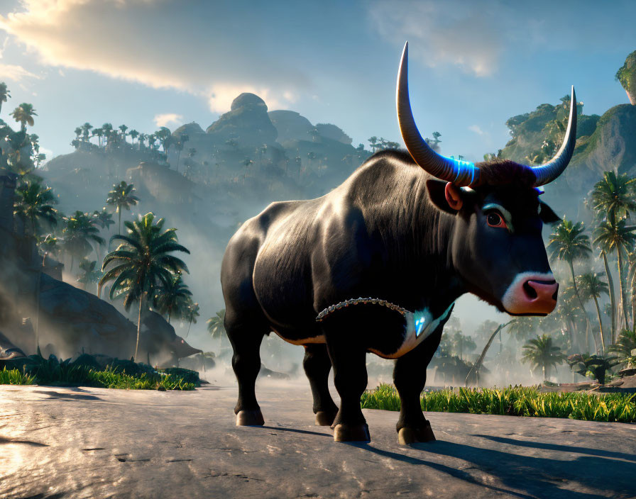 Animated bull with glowing horns in lush tropical landscape