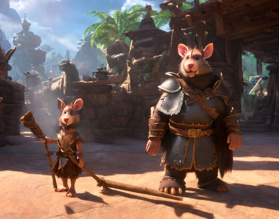 Medieval armor-clad mice in sunny village setting