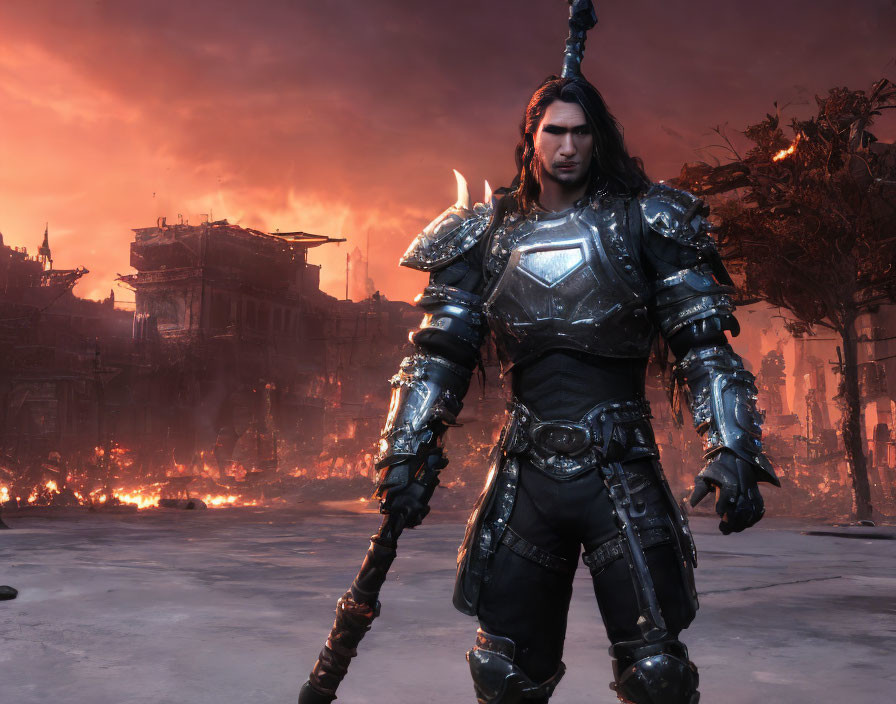 Ornate black armored warrior in fiery dystopian landscape