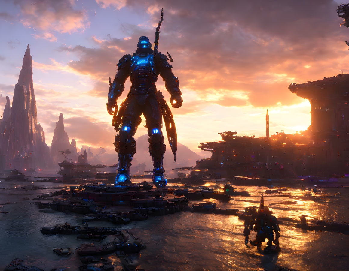 Giant robot with blue lights in dystopian landscape at sunset