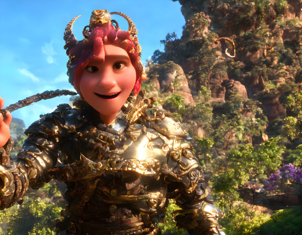 Golden-armored animated character with horned helmet in lush forest.