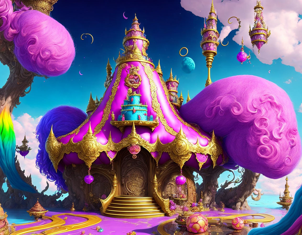 Fantasy castle with purple and gold accents in surreal landscape