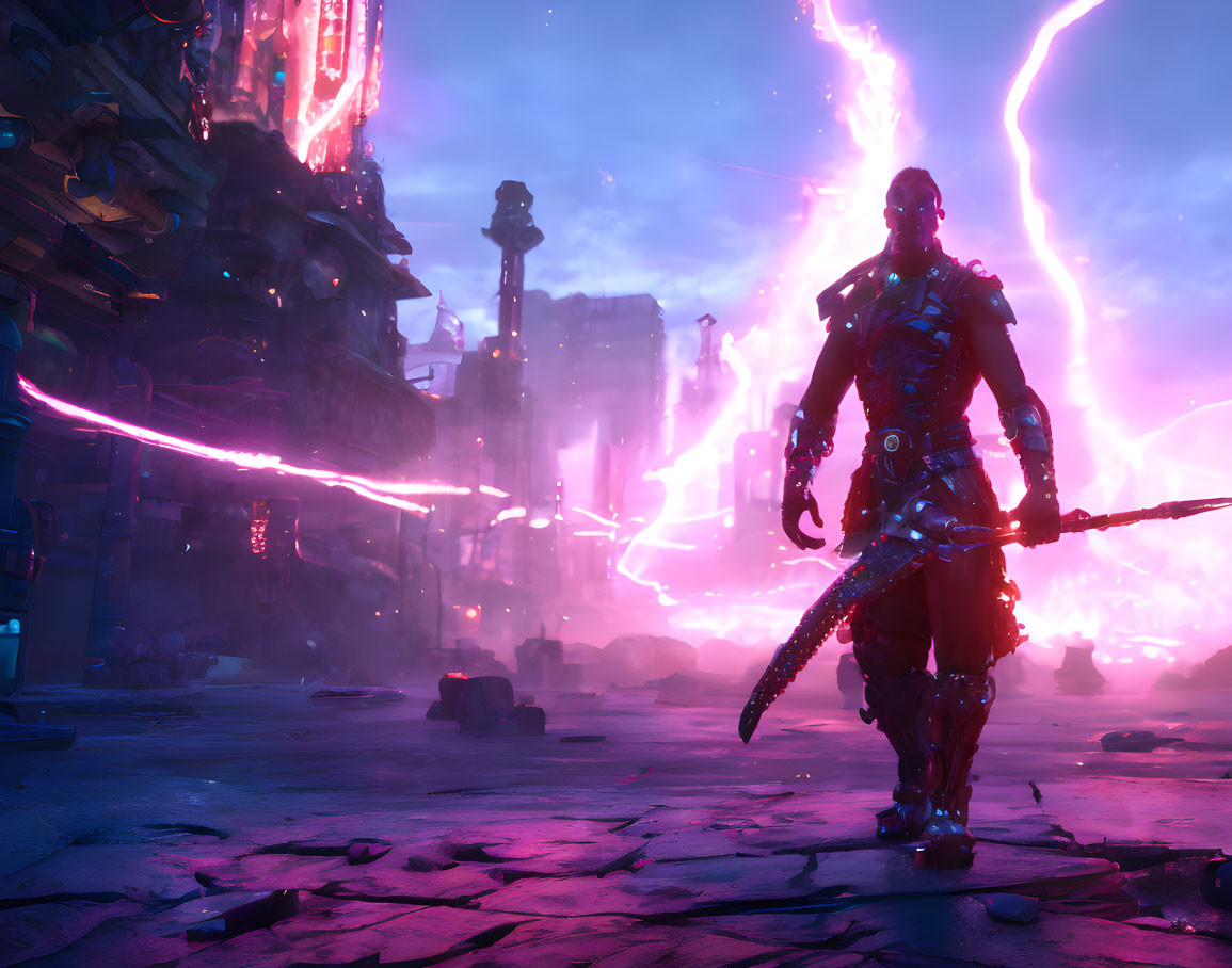 Futuristic warrior with glowing sword in neon-lit dystopian landscape