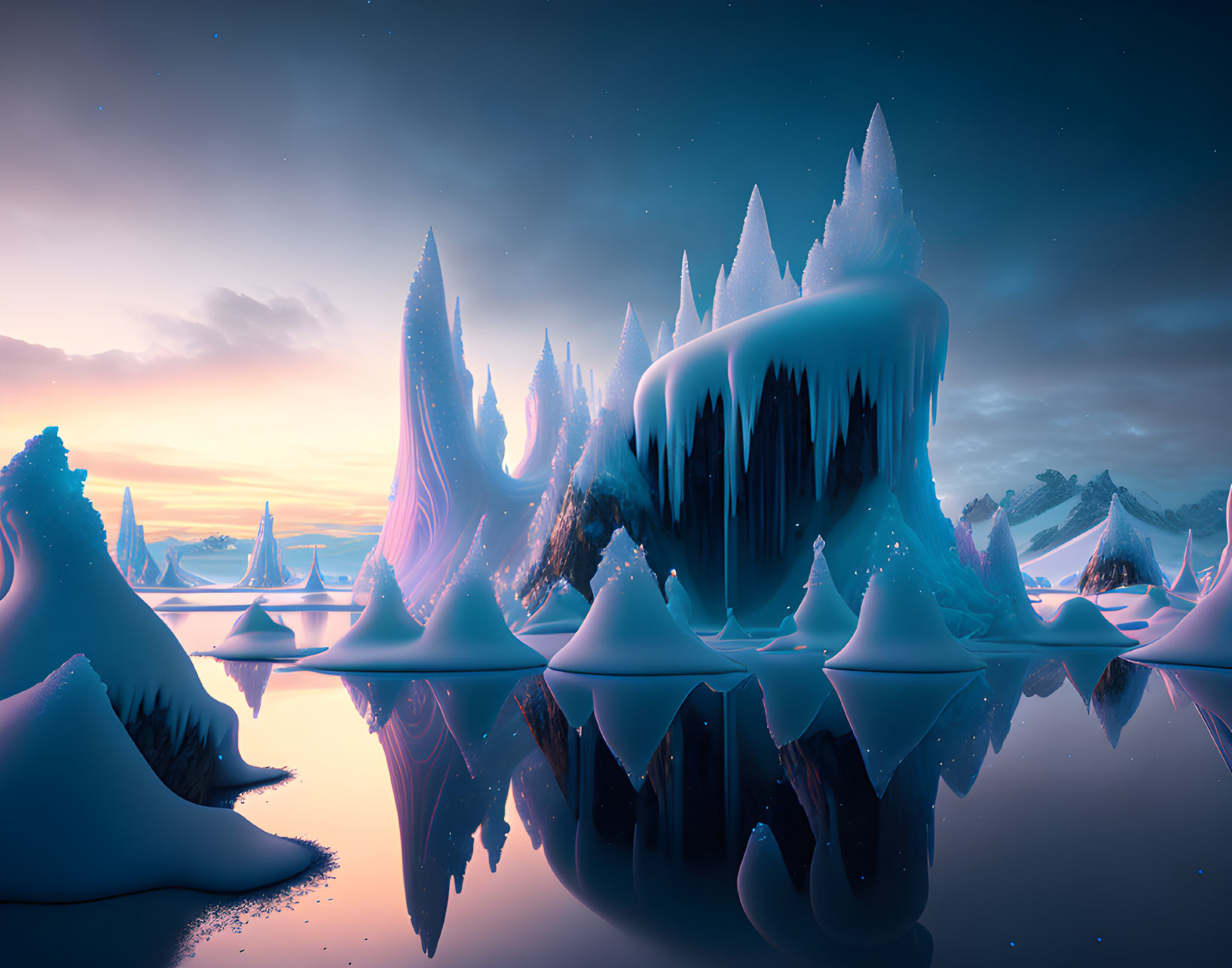 Surreal landscape with icy waters, snow hills, and pastel sky