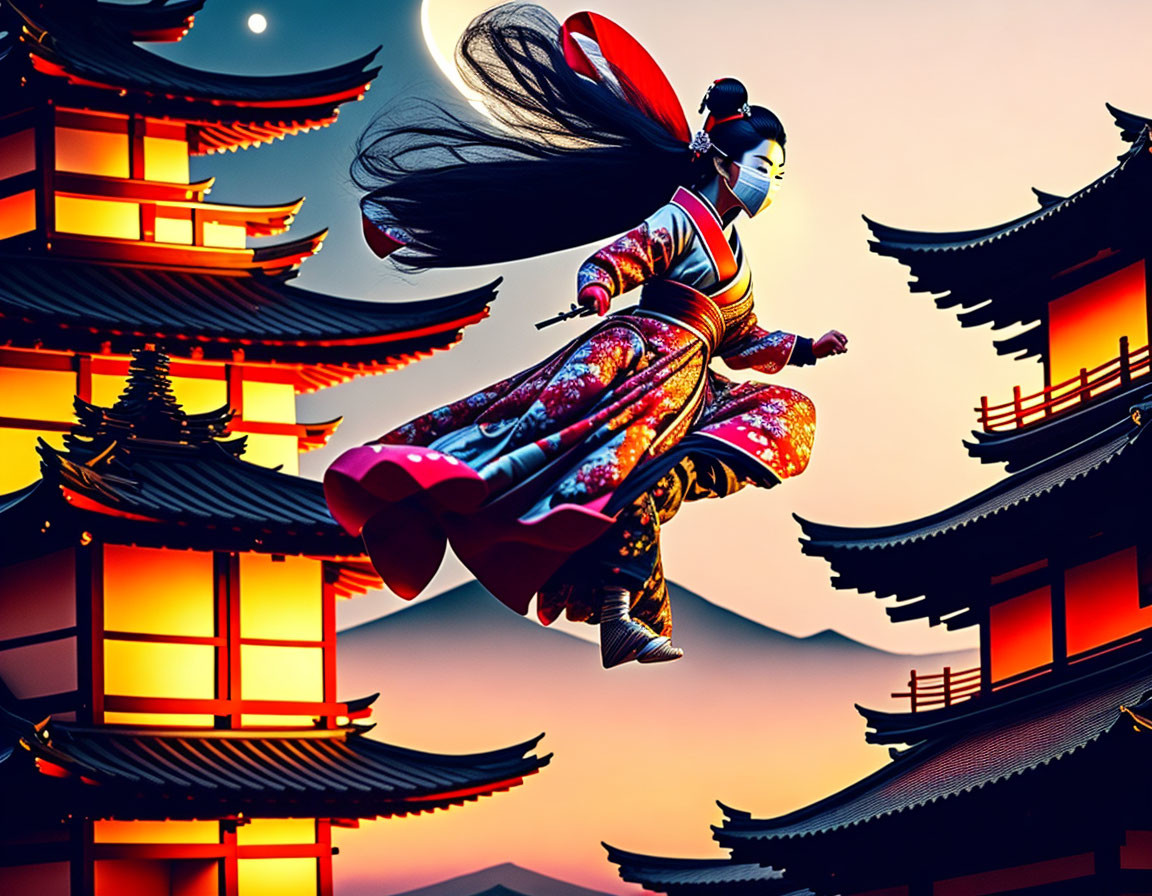 Stylized geisha in vibrant kimono leaping between pagoda rooftops at sunset