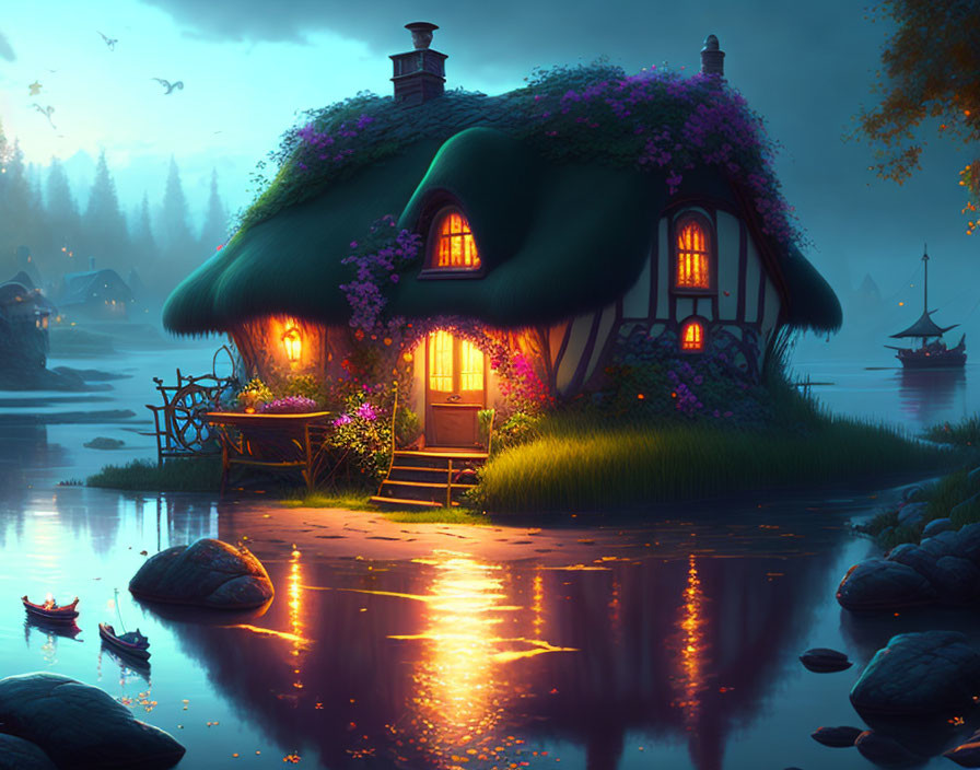 Thatched roof cottage near serene lake at twilight