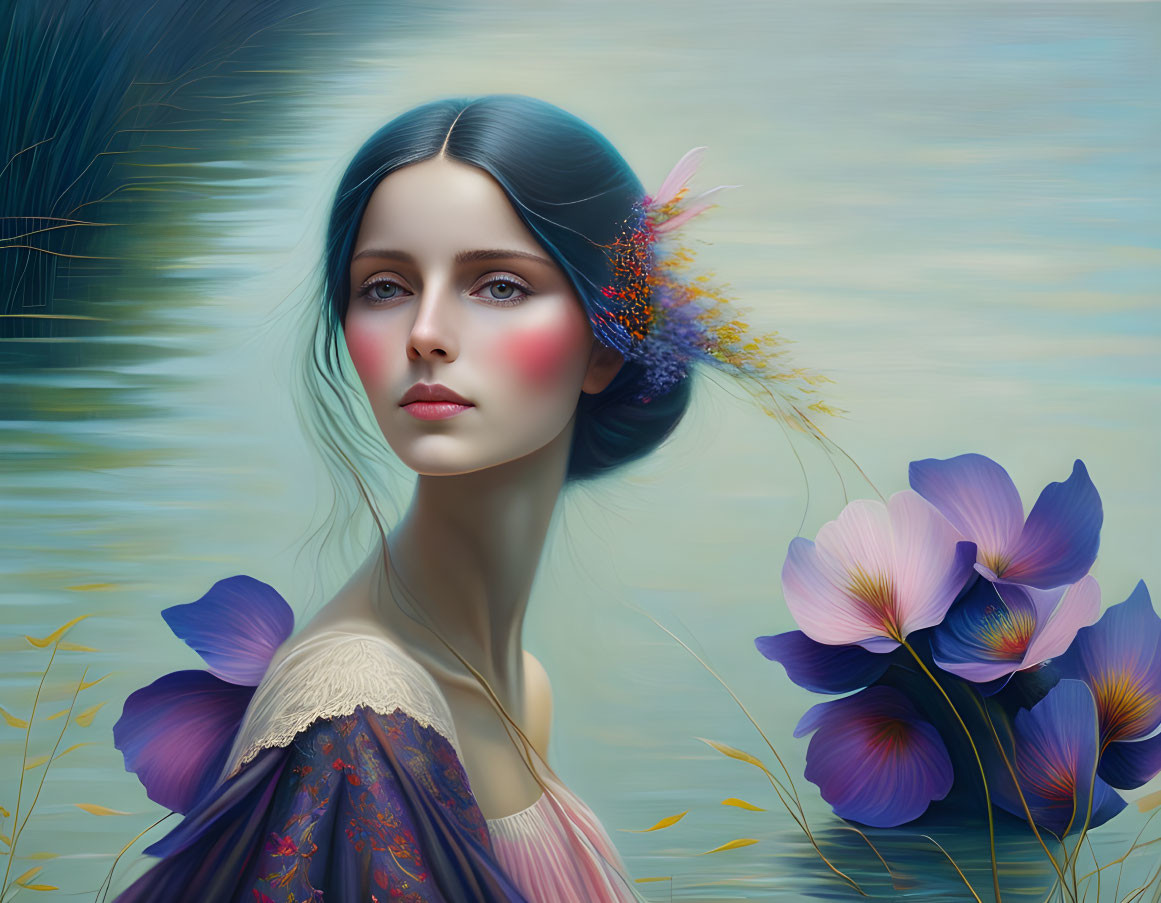 Digital Art Portrait: Woman with Blue Hair and Ethereal Eyes Amidst Vibrant Flowers