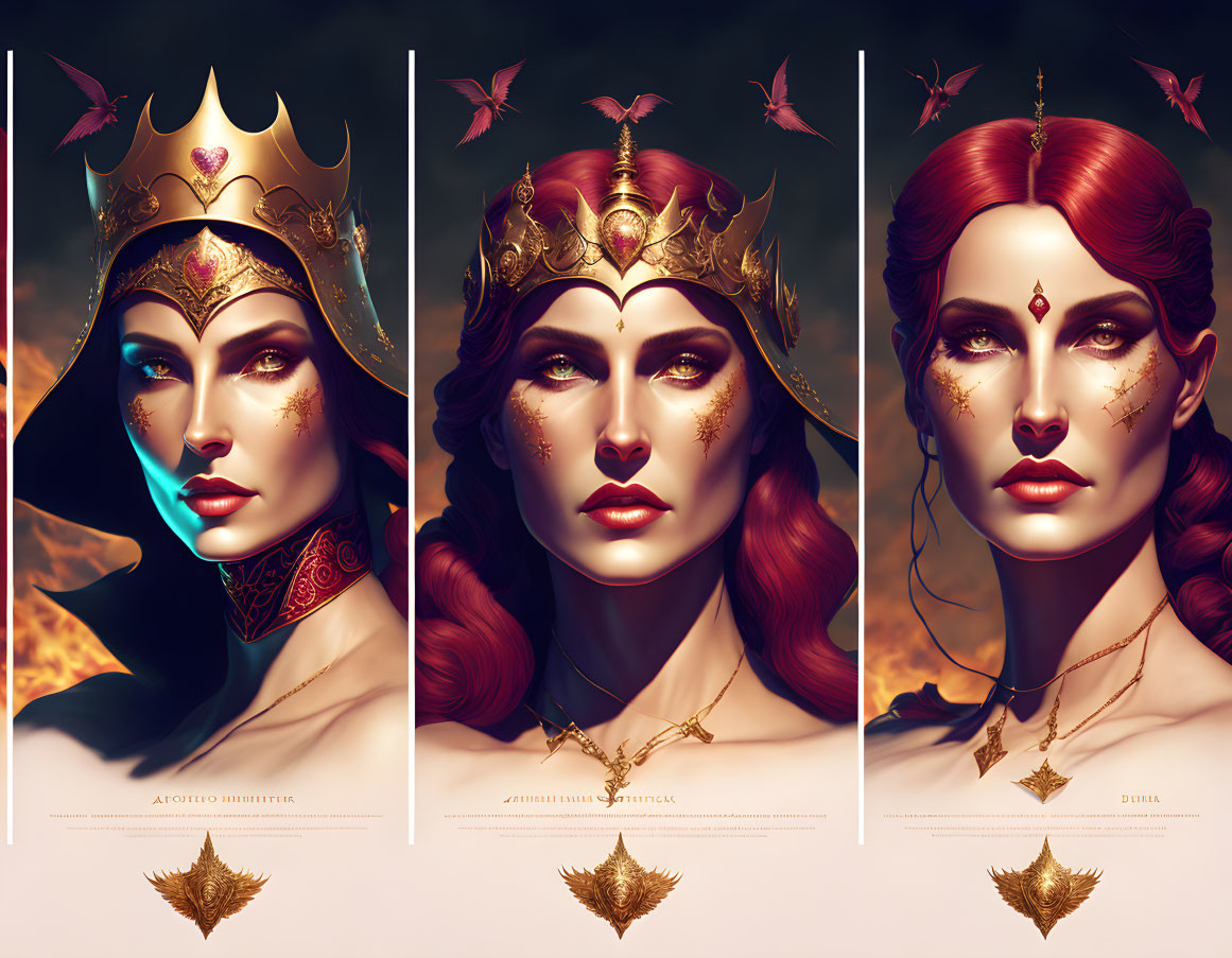 Stylized woman triptych with colorful lighting effects and bird motifs