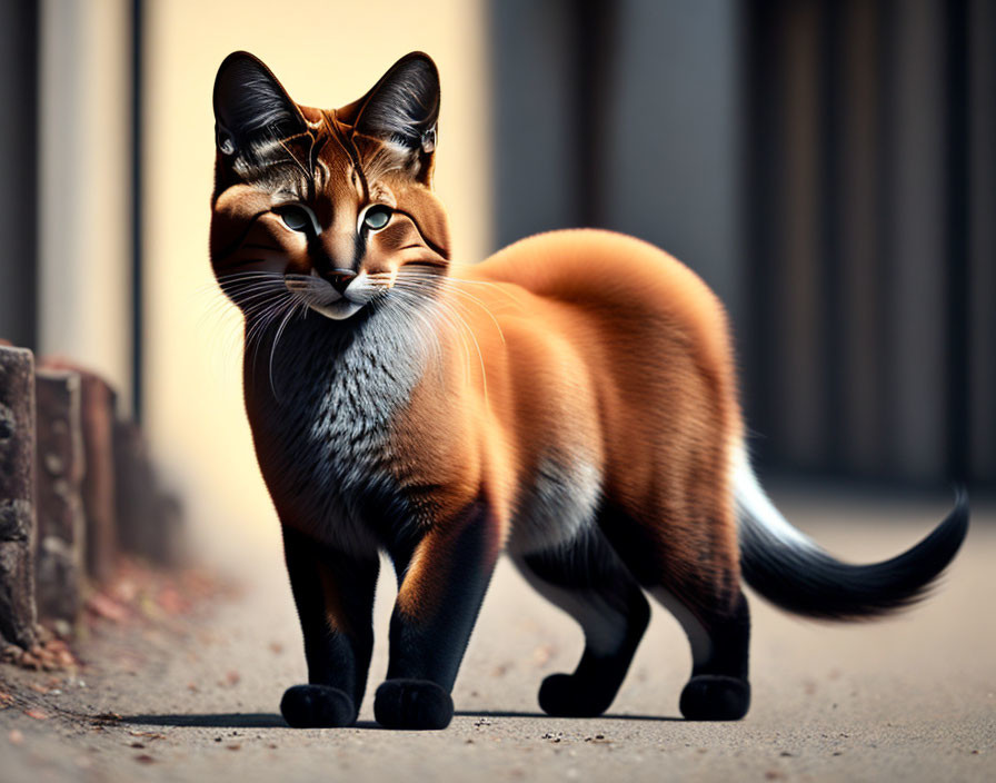 Brown Cat with Black Markings and Piercing Eyes Walking Confidently