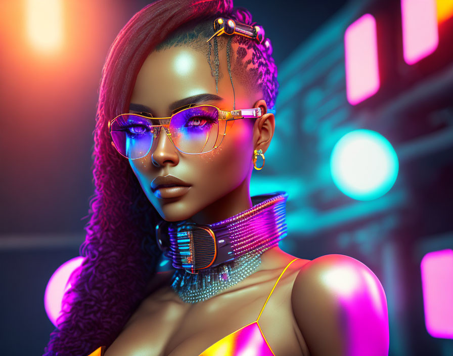 Vibrant 3D illustration: Woman in futuristic fashion with neon lighting