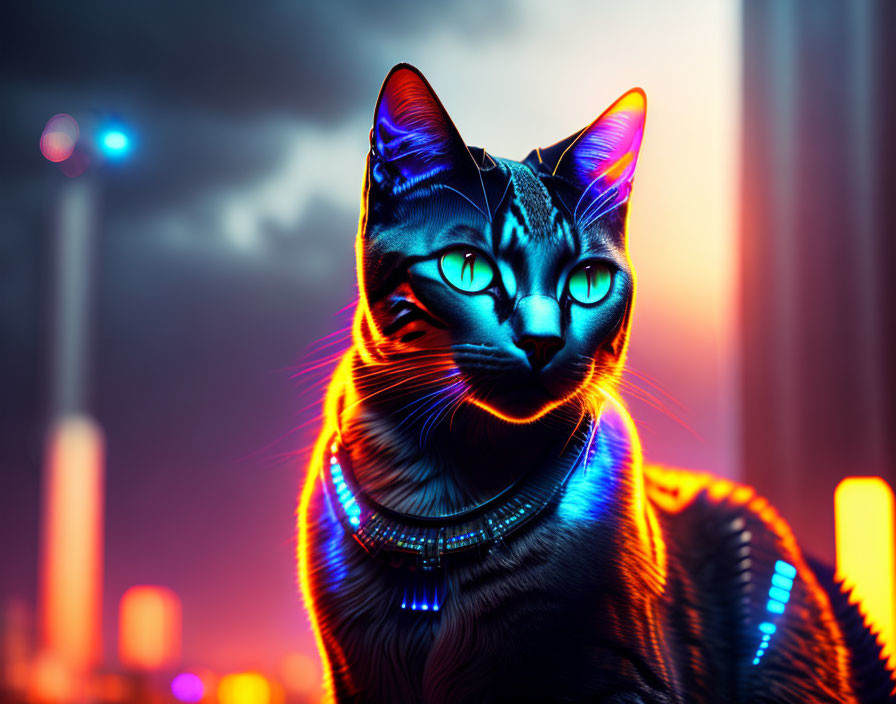 Digitally enhanced cat image with neon lighting in futuristic cityscape