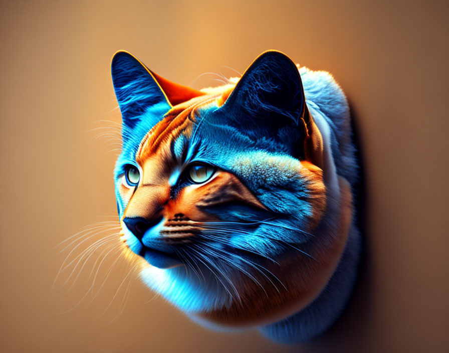 Vibrant blue and orange cat digital artwork with detailed texture