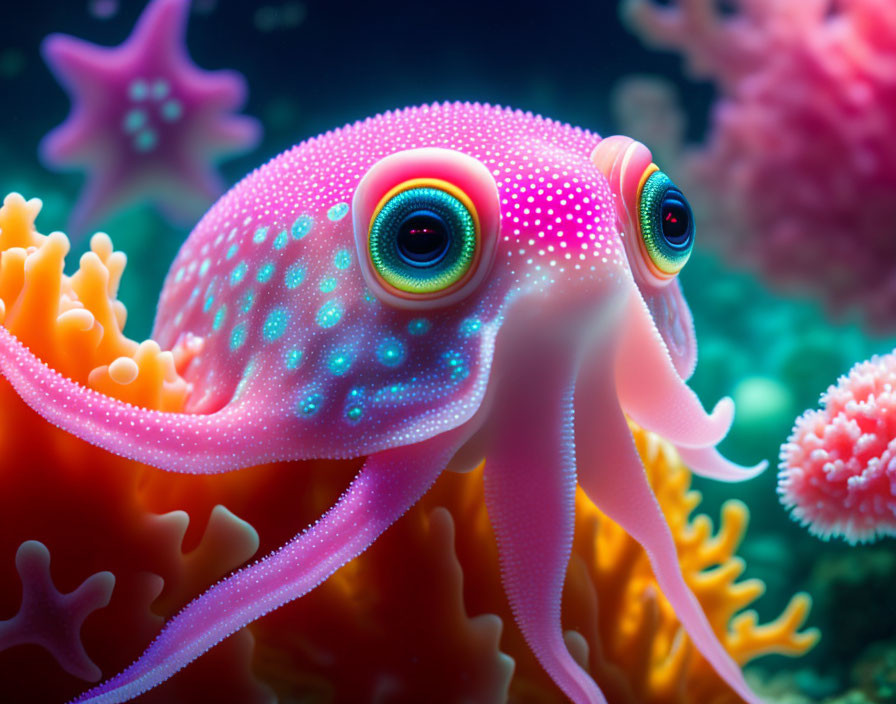 Vibrant octopus art with expressive eyes and coral surroundings