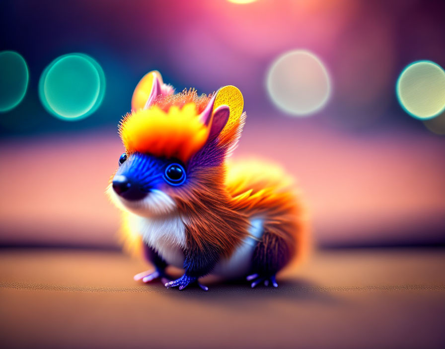 Vibrant fantasy creature with orange fur and large eyes on bokeh background