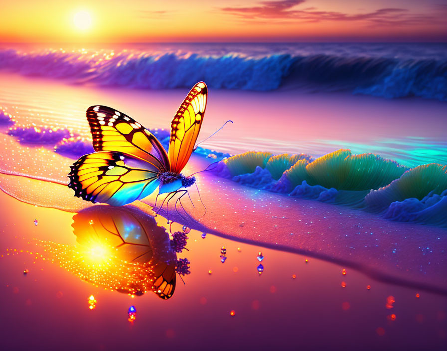 Colorful butterfly over reflective beach with purple wave