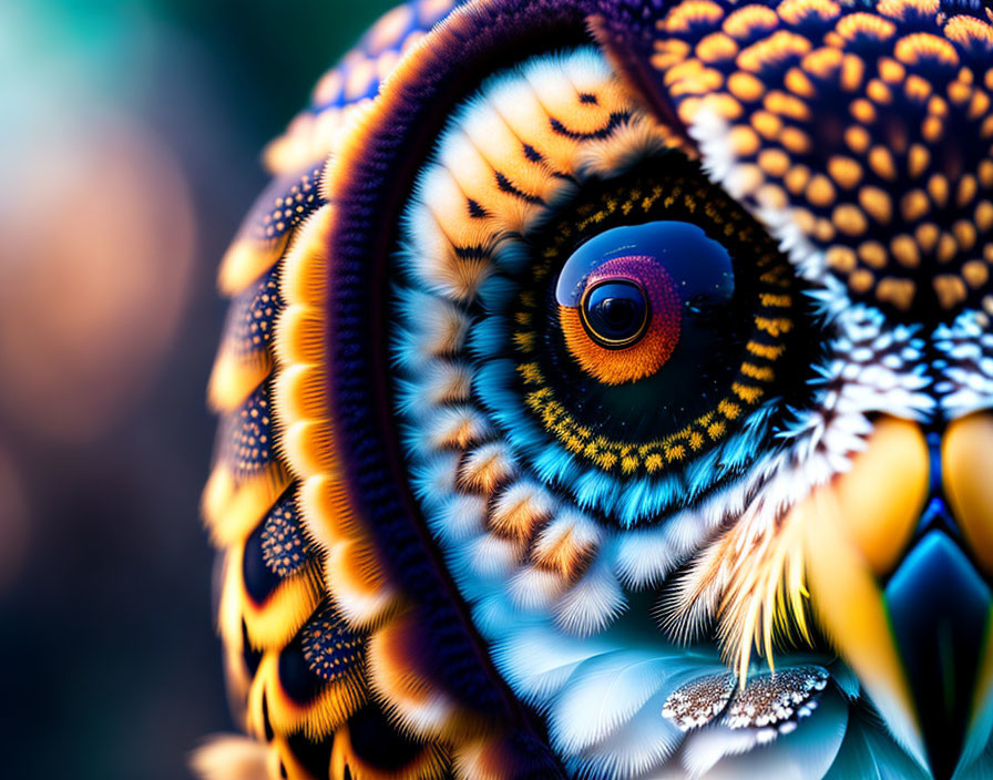 Colorful Parrot Eye and Feather Detail in Blue, Orange, and Yellow