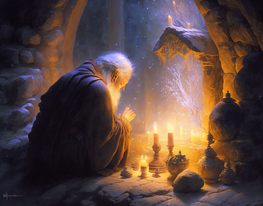 Elderly figure praying in candlelit cave with glowing tree and stars.