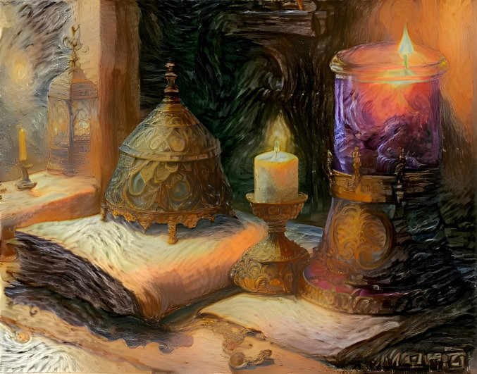 Prompt:  Bell, book and candle on a table in a Med