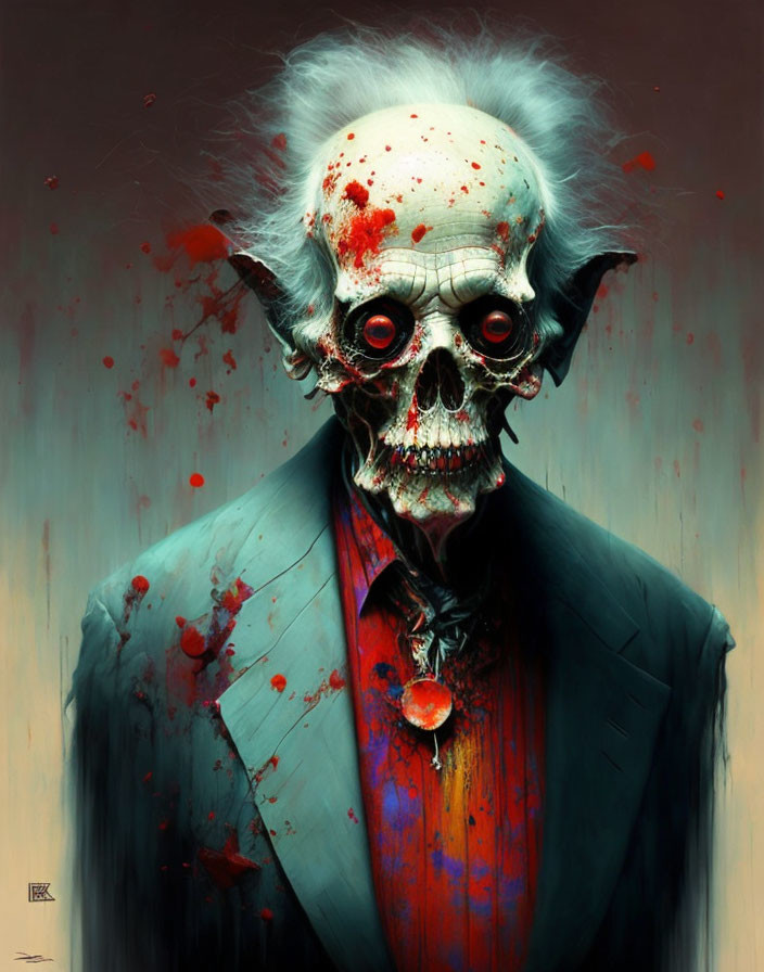 Digital Artwork: Zombie-like Figure with Skull Face in Tattered Blue Suit