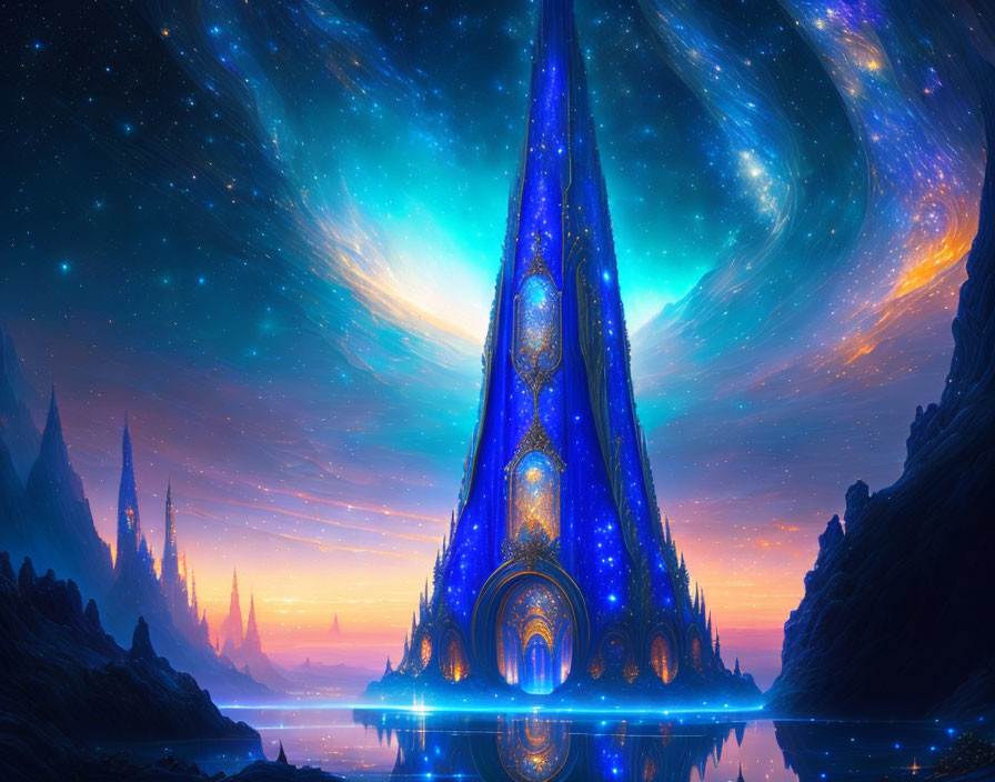 Blue and Gold Tower Reflecting in Water Under Starry Sky