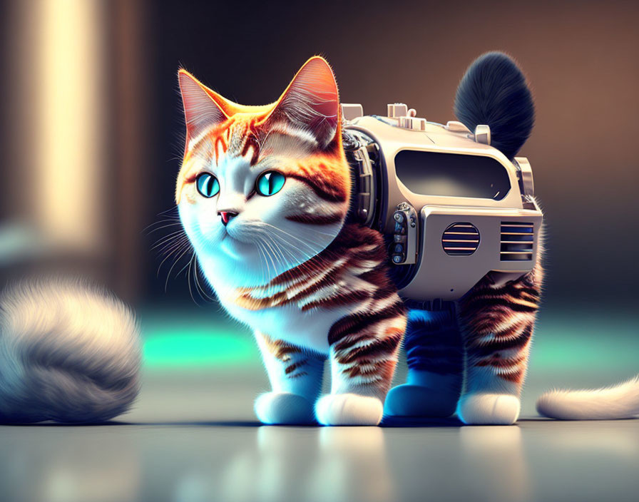 Digital artwork: Orange tabby cat with robotic body and tape recorder, on smooth surface