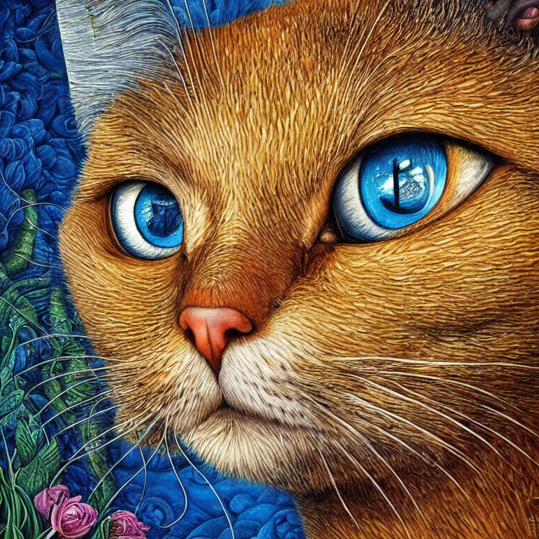 Colorful Close-Up Illustration of Cat with Blue Eyes and Floral Patterns