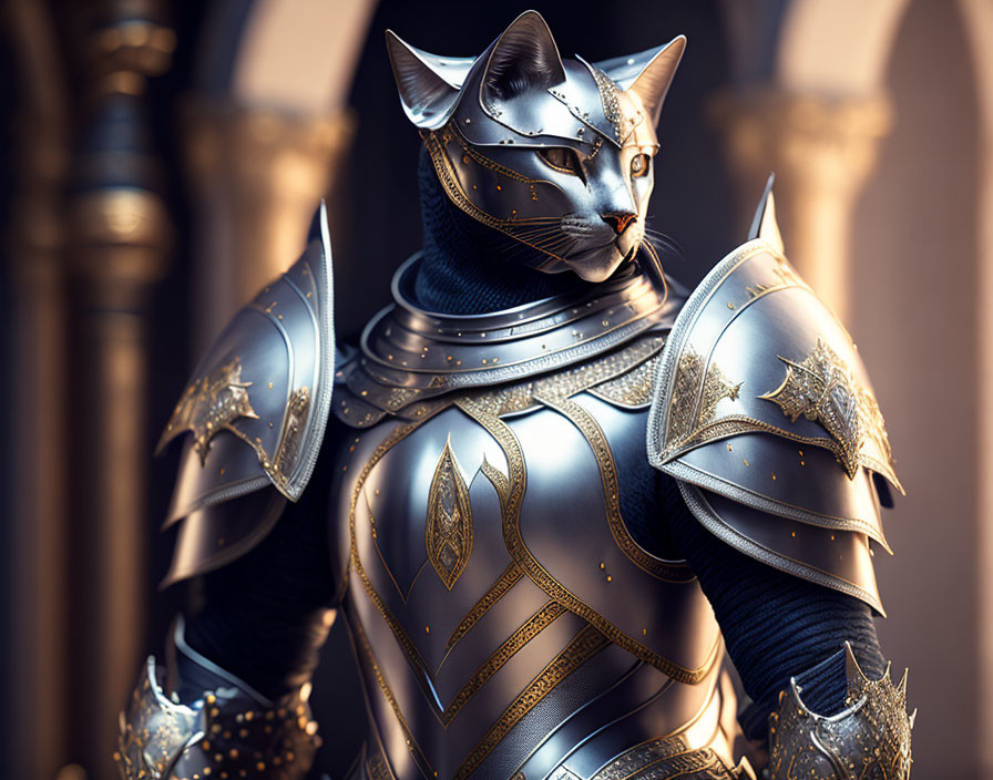 Cat-Headed Knight in Silver Armor in Palace Setting