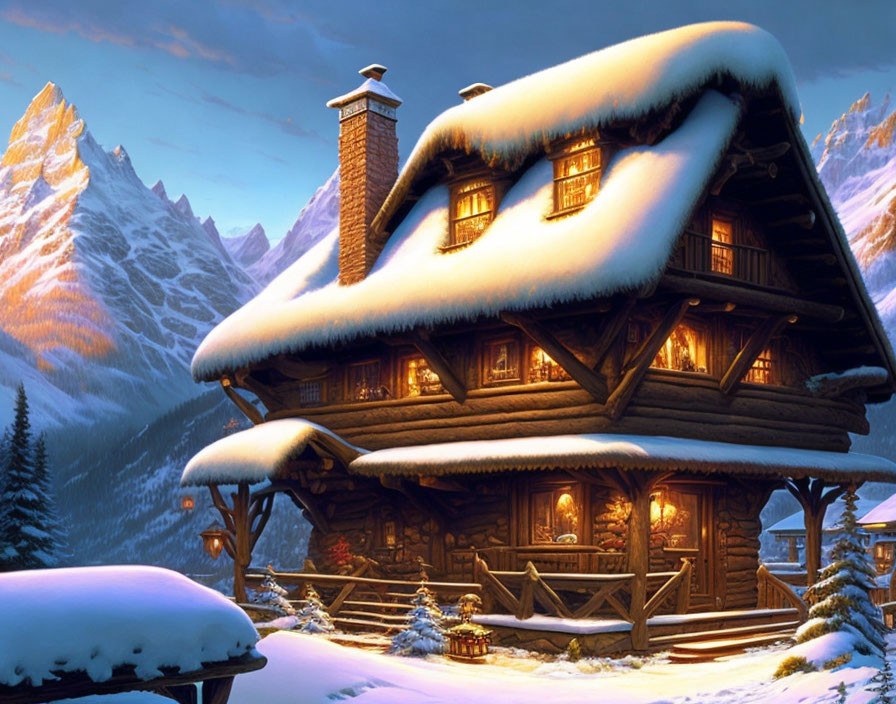 Snow-covered log cabin in winter mountain landscape at dusk