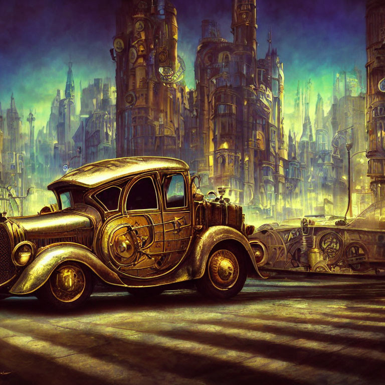 Vintage Car on Cobblestone Street with Fantastical Cityscape