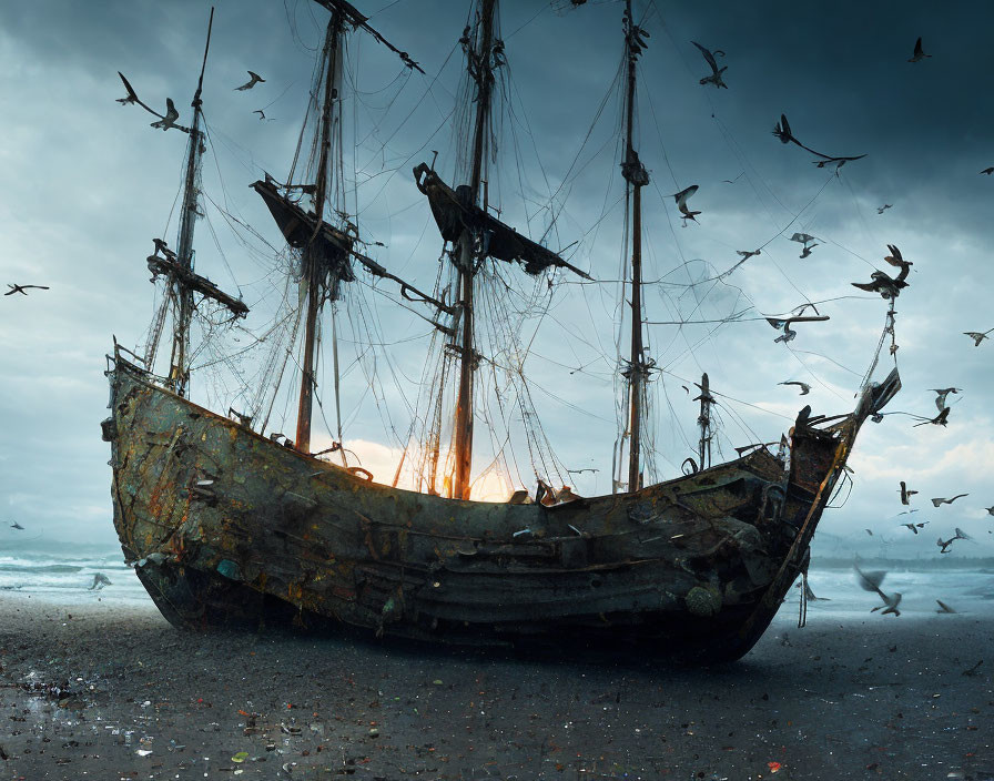 Abandoned shipwreck on cloudy beach at dusk