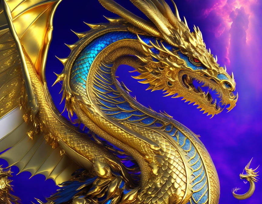 Golden dragon with feathered wings in vibrant sky