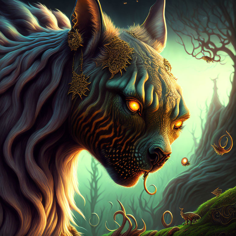 Mystical tiger with golden eyes and jewelry in eerie forest setting