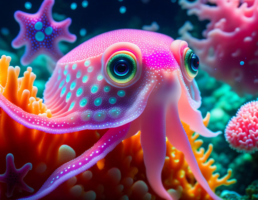 Vibrant cuttlefish illustration in colorful coral reefs