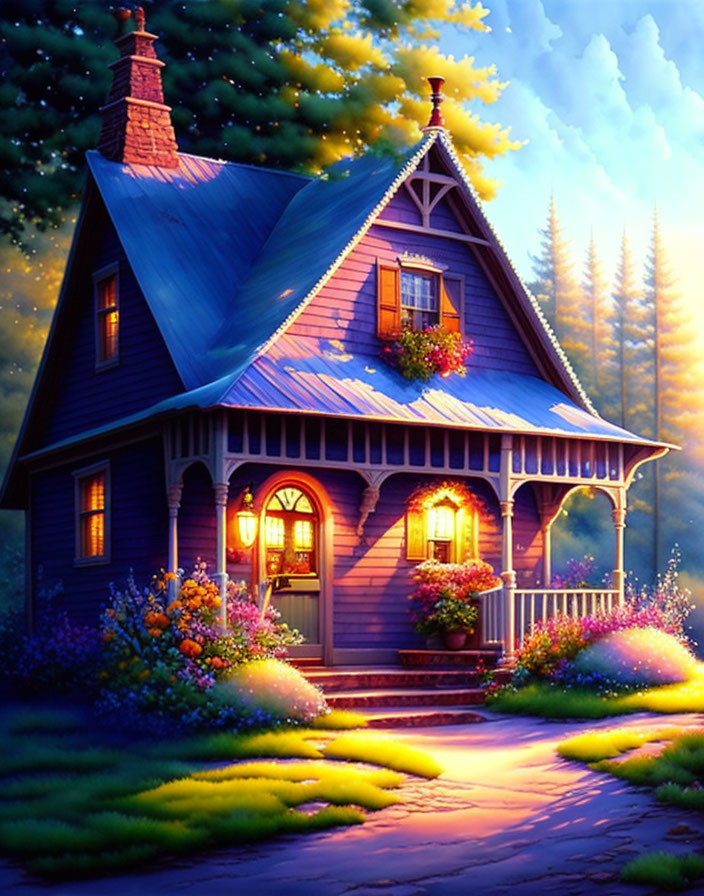 Blue Cottage Surrounded by Flowers and Trees Under Twilight Sky