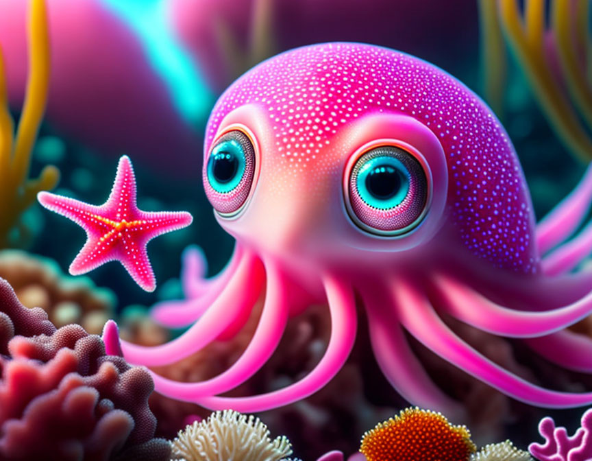 Colorful digital illustration: Pink octopus with expressive eyes in coral reef.