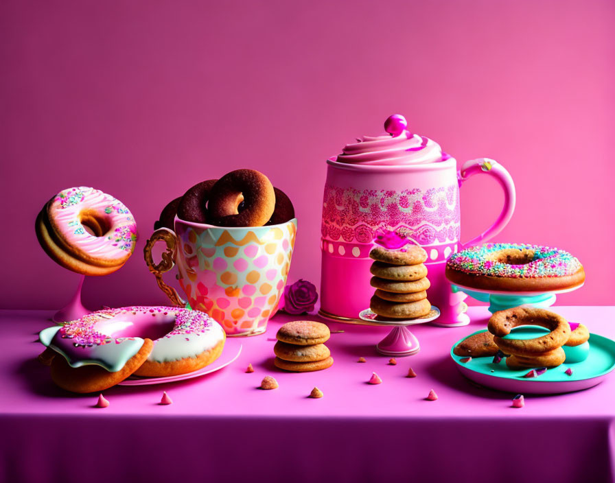 Assortment of colorful donuts, cookies, cup, and jar on pink background