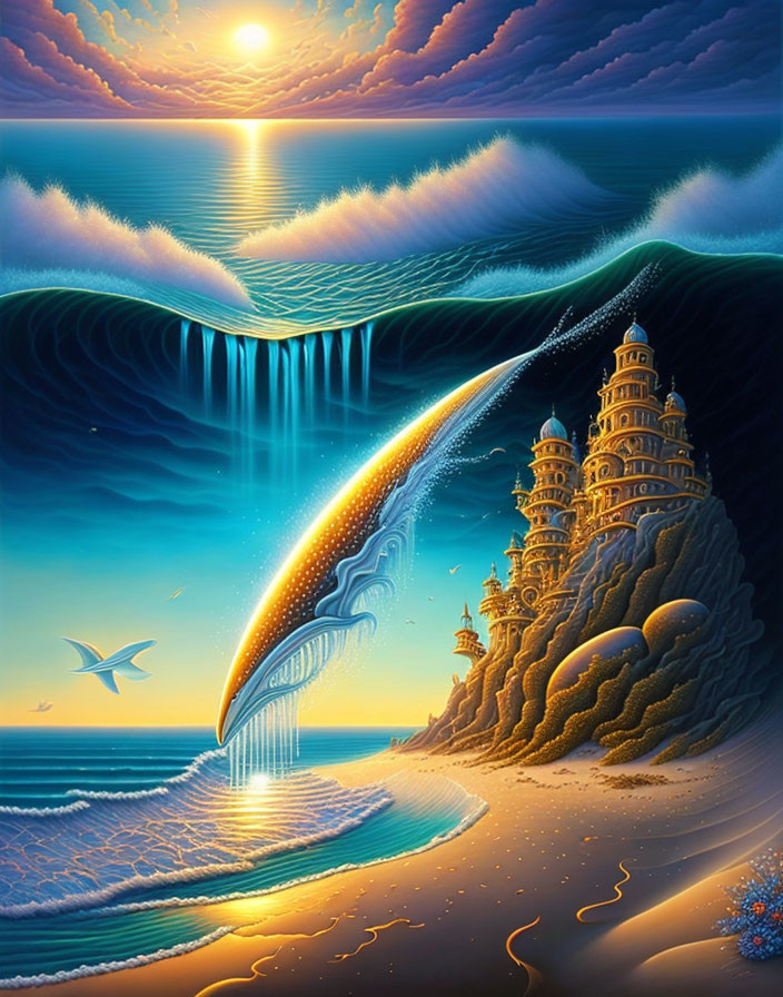 Surreal castle under wave-like sky with sun, waterfalls, and bird.