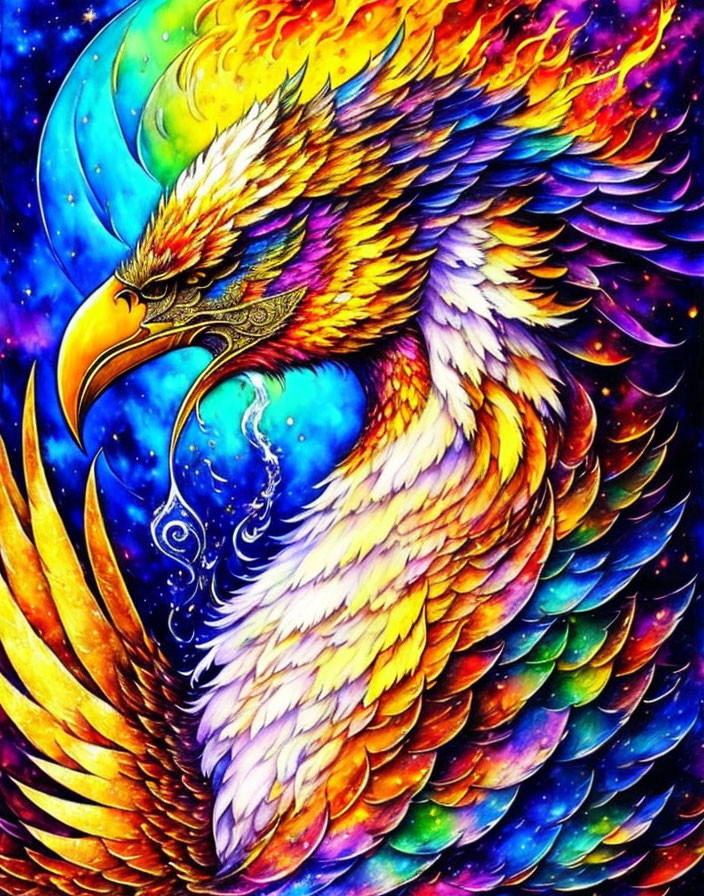 Colorful Phoenix Illustration with Fiery Wings and Cosmic Background