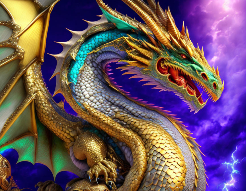 Detailed golden dragon illustration in stormy sky