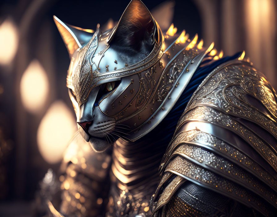 Armored cat with intricate metalwork and regal aura