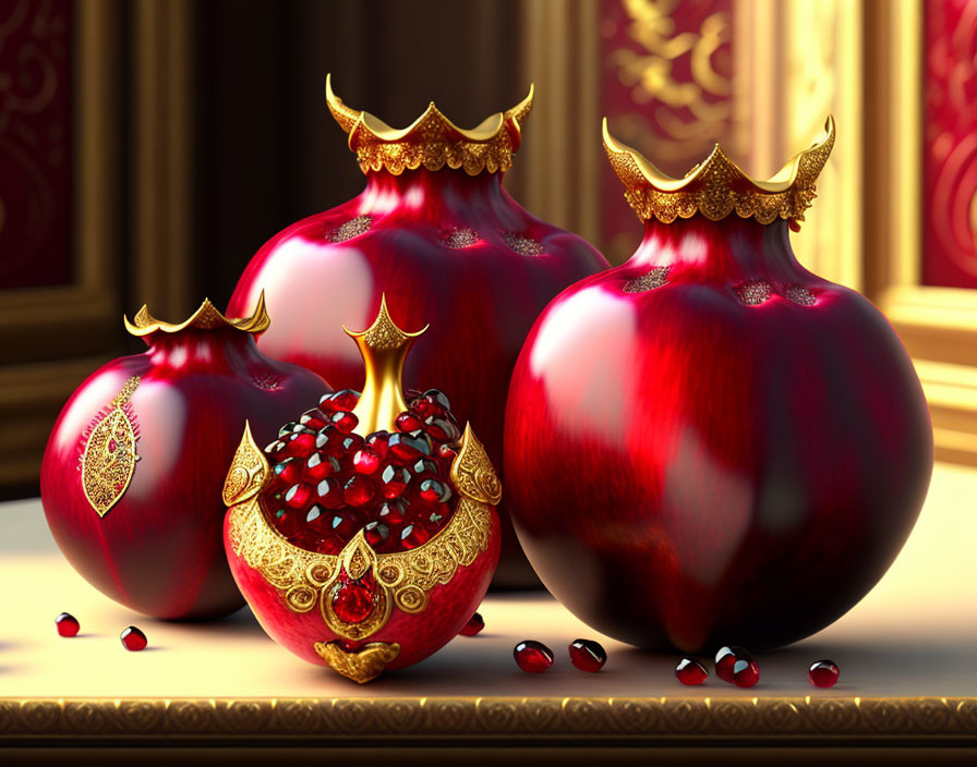 Three ornate crown-topped pomegranates on luxurious background