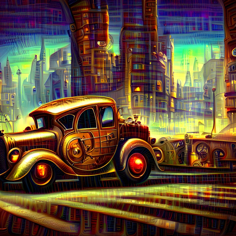 Prompt:  Old steampunk car with city